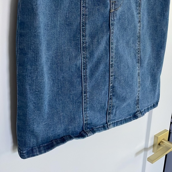 Blue jeans mini dress gold tone button front paneled a little stretch high waist - Picture 4 of 14